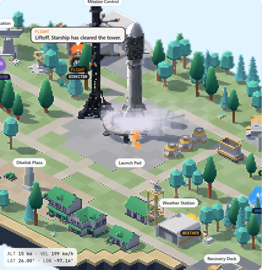 Starship lifting off from the pad in the pixel-art town